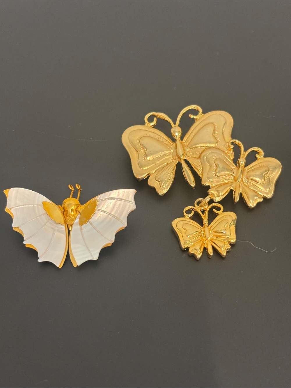 Lot of 2 Vintage Gold Tone Butterfly Brooches Mother of Pearl & Triple Cascade